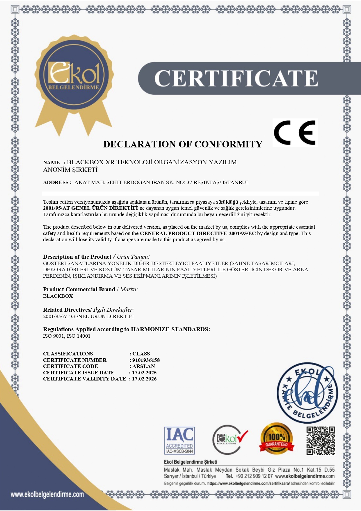 CE Belgesi – Uygunluk Beyanı (Declaration of Conformity)